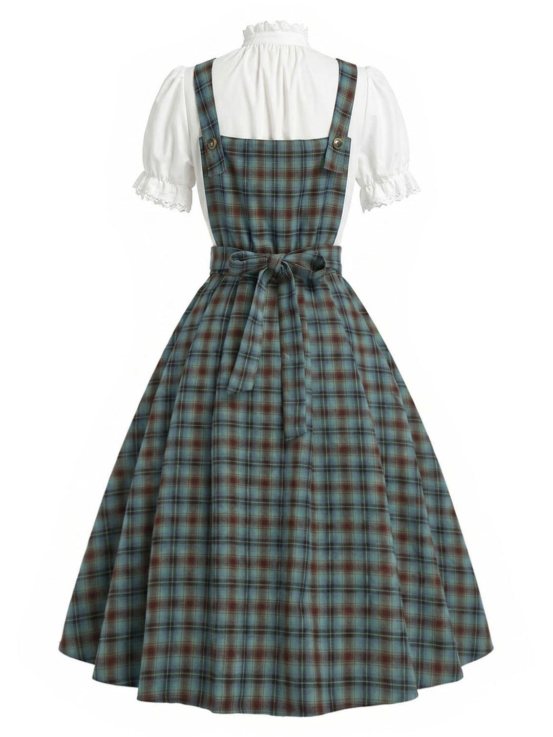2PCS Green 1950s Plaid Lace Pocket Pinafore Dress &amp; White Top, vintage dress, retro fashion, rockabilly, pin-up fashion - vintage inspired fashion