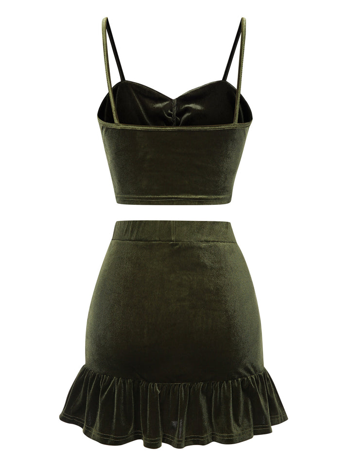 2PCS Green 1960s Flannelette Ruffles Top&amp;Skirt, vintage skirt, retro style - perfect for women who love vintage and retro fashion