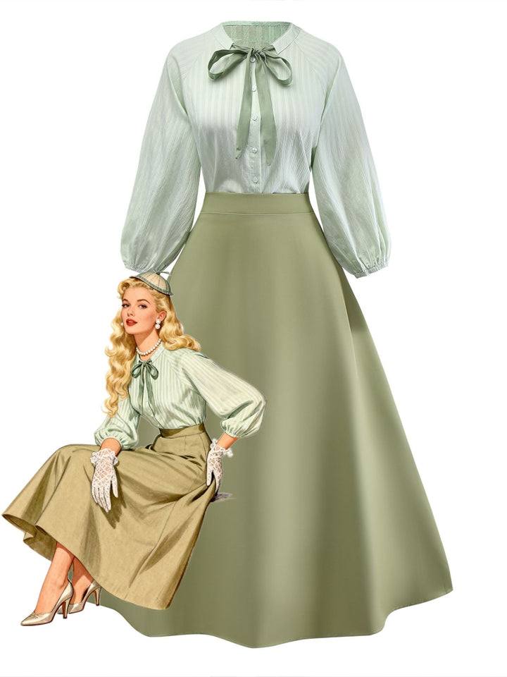 2PCS Green 1980s Tie-Neck Blouse &amp; Solid Skirt - vintage skirt, style