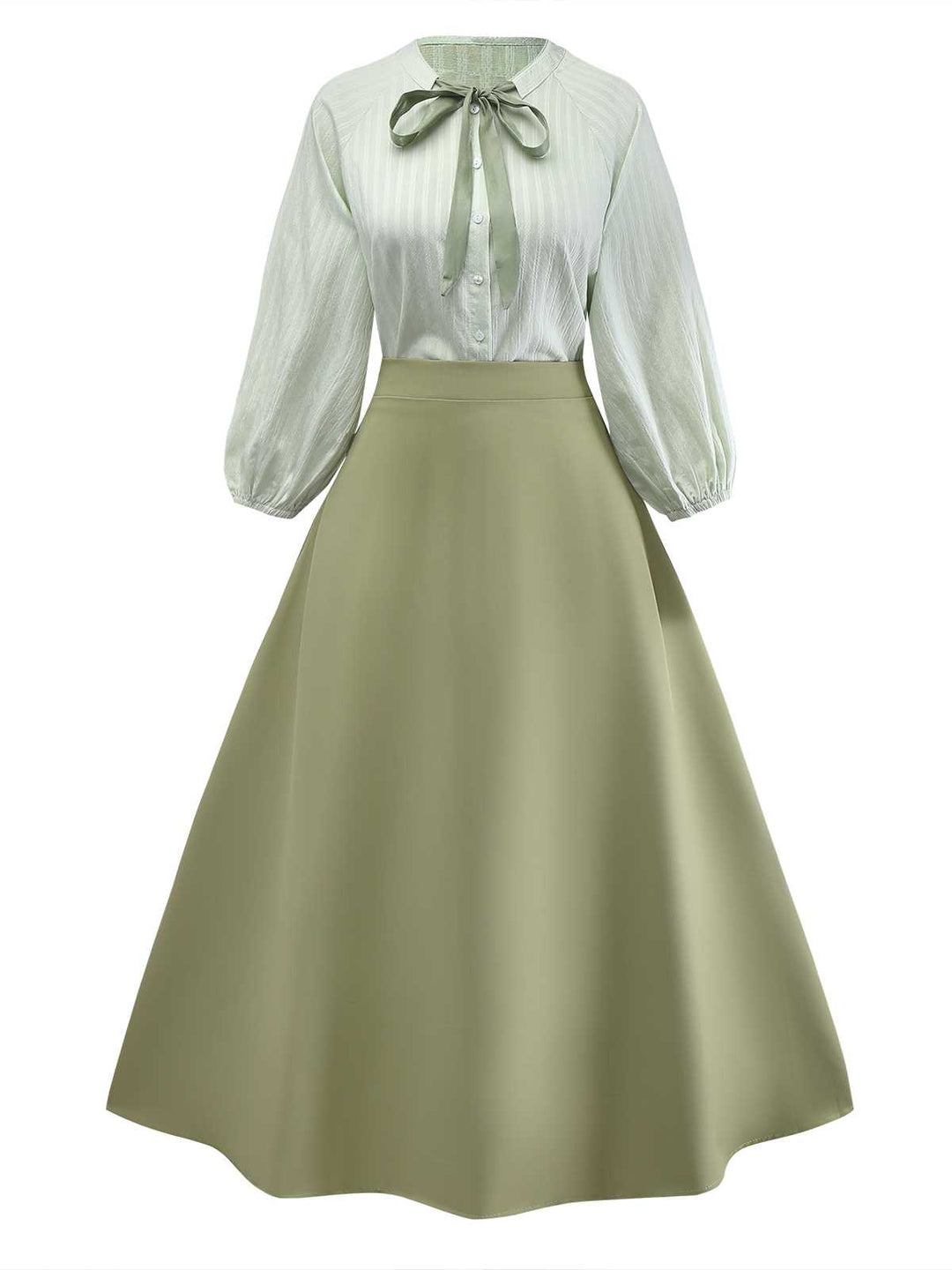2PCS Green 1980s Tie-Neck Blouse &amp; Solid Skirt - vintage skirt, style