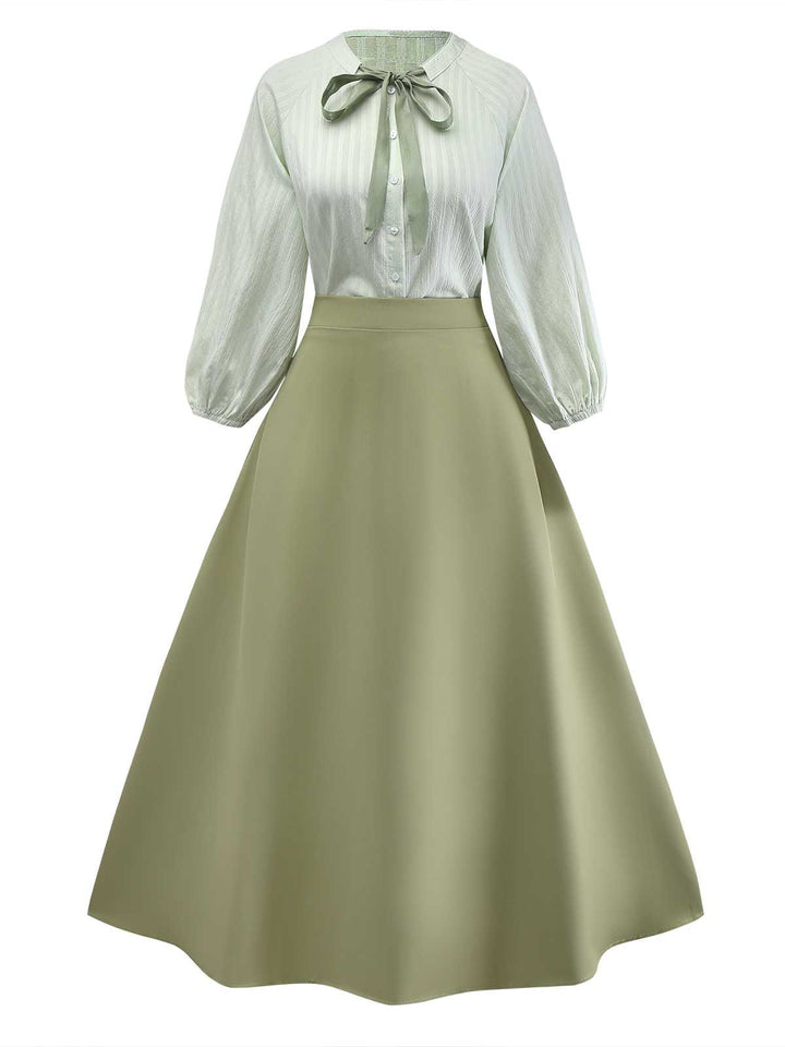 2PCS Green 1980s Tie-Neck Blouse &amp; Solid Skirt - vintage skirt, style