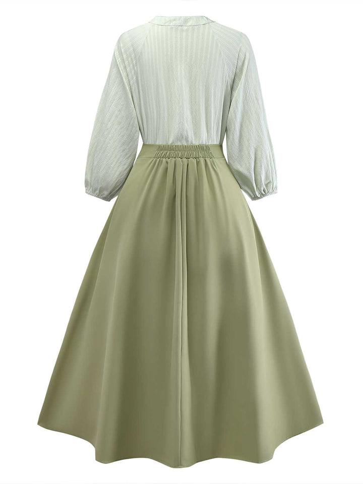 2PCS Green 1980s Tie-Neck Blouse &amp; Solid Skirt - vintage skirt, style