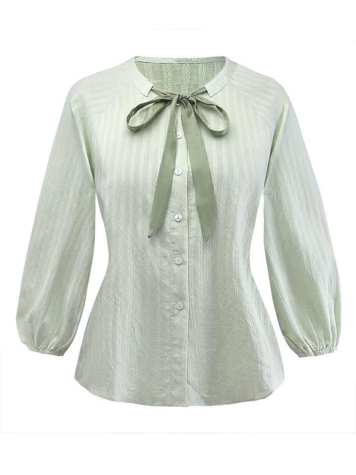 2PCS Green 1980s Tie-Neck Blouse &amp; Solid Skirt - vintage skirt, style