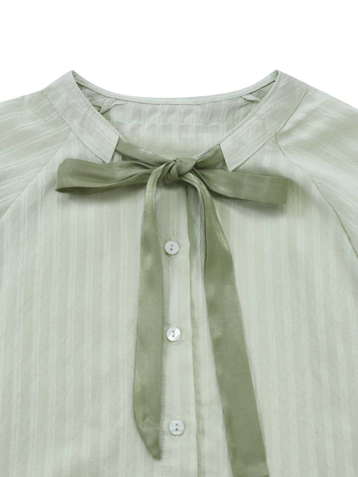 2PCS Green 1980s Tie-Neck Blouse &amp; Solid Skirt - vintage skirt, style