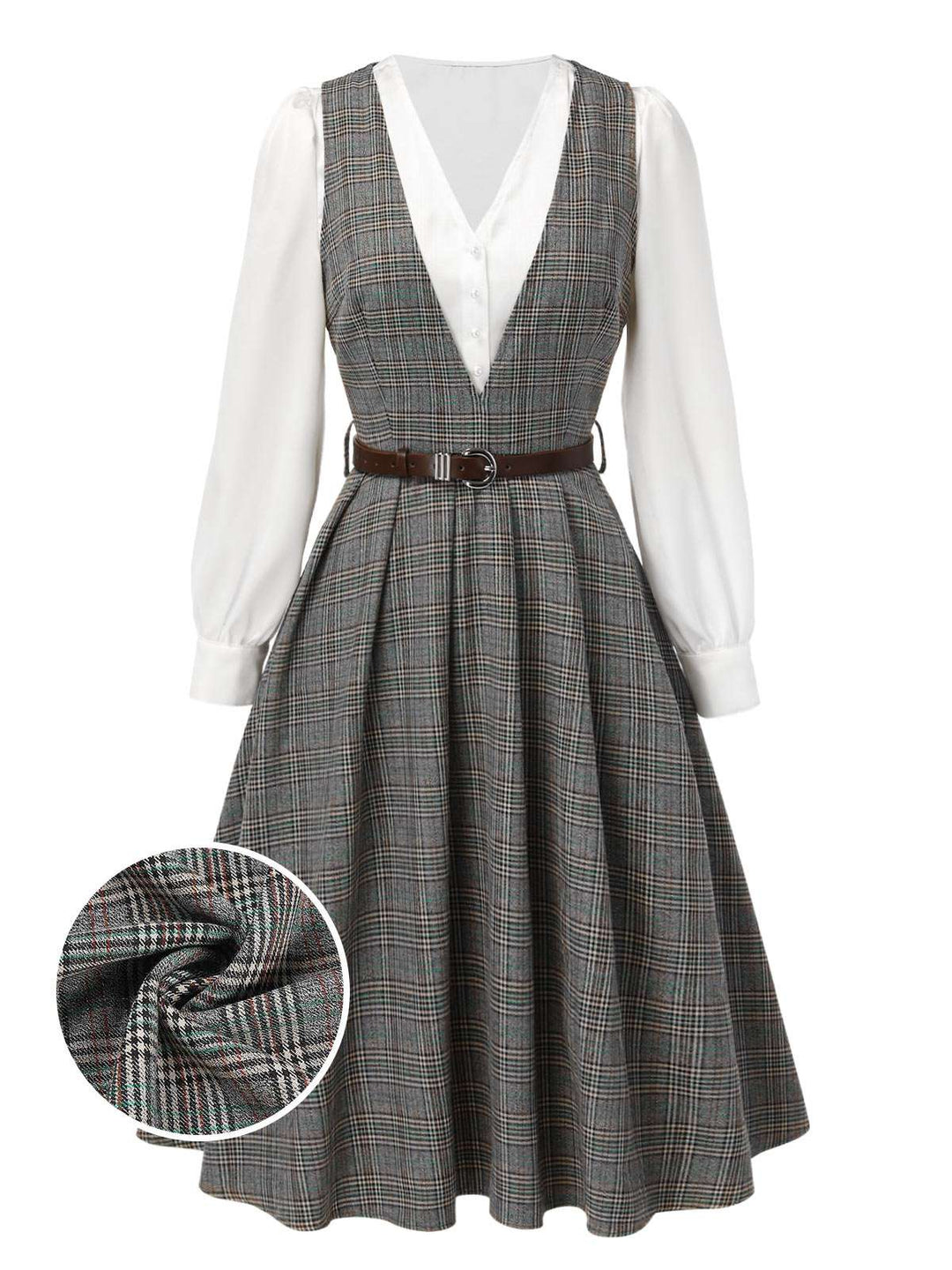 She slips into this 2PCS Grey 1940s V-Neck Plaid Dress &amp; Satin Blouse and suddenly it&
