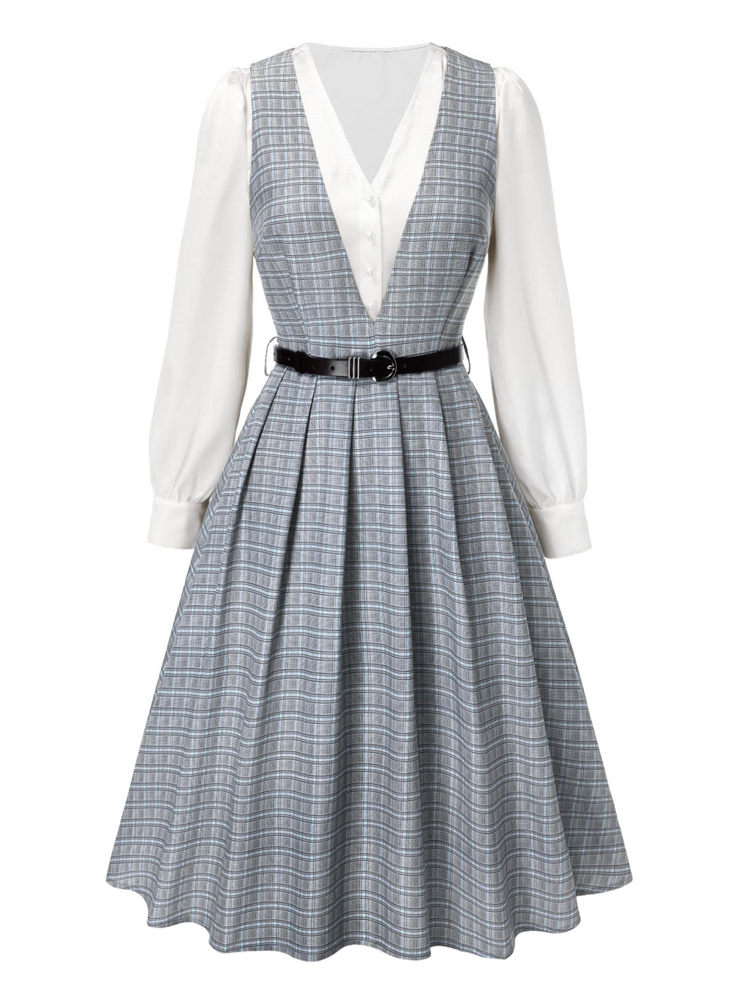 2PCS Grey 1940s V-Neck Plaid Dress &amp; Satin Blouse: where 1940s romance meets her modern spirit