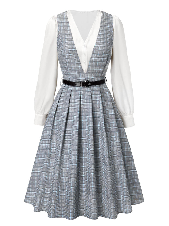 2PCS Grey 1940s V-Neck Plaid Dress &amp; Satin Blouse: where 1940s romance meets her modern spirit