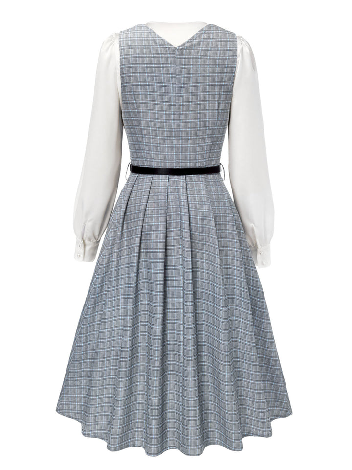 This 2PCS Grey 1940s V-Neck Plaid Dress &amp; Satin Blouse wraps her in 1940s elegance, one twirl at a time
