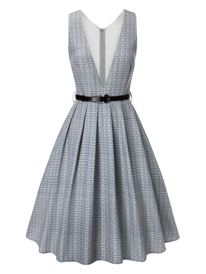 2PCS Grey 1940s V-Neck Plaid Dress &amp; Satin Blouse — the kind of 1940s dress that makes strangers smile