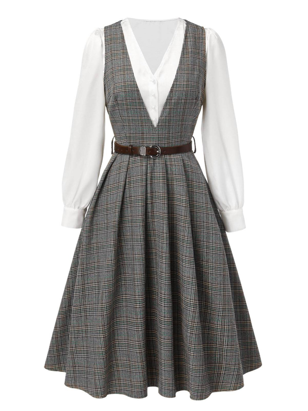 2PCS Grey 1940s V-Neck Plaid Dress &amp; Satin Blouse: where 1940s romance meets her modern spirit