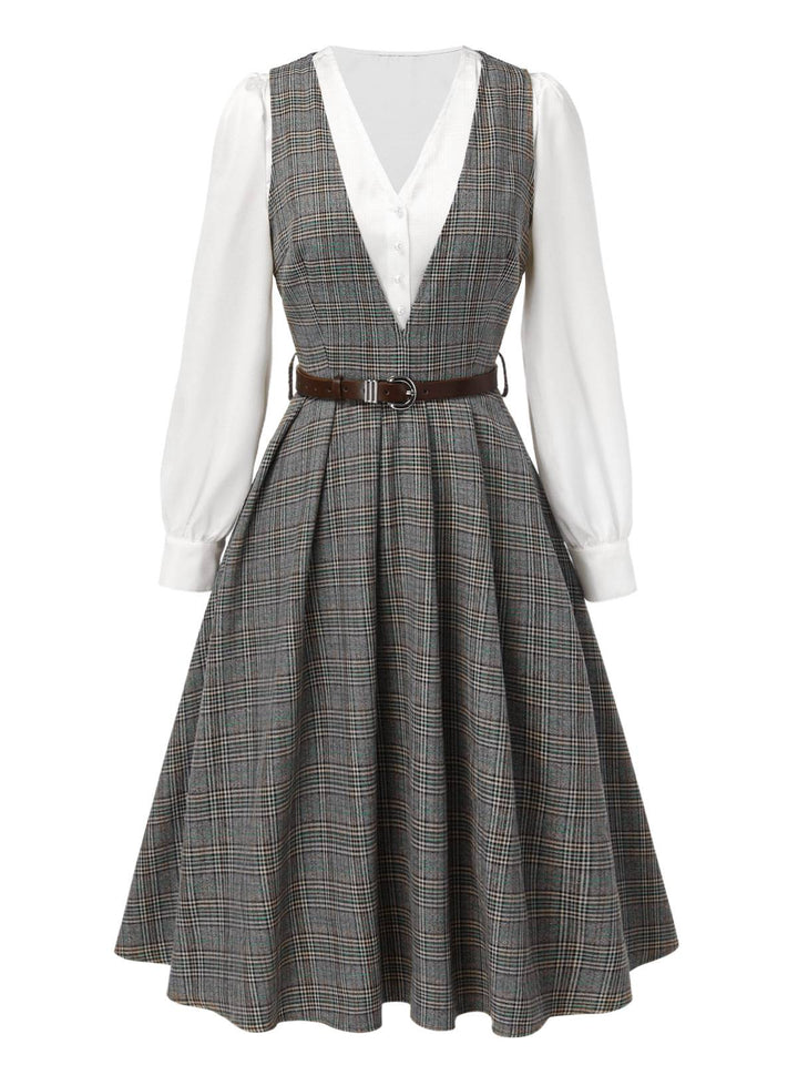 2PCS Grey 1940s V-Neck Plaid Dress &amp; Satin Blouse: where 1940s romance meets her modern spirit