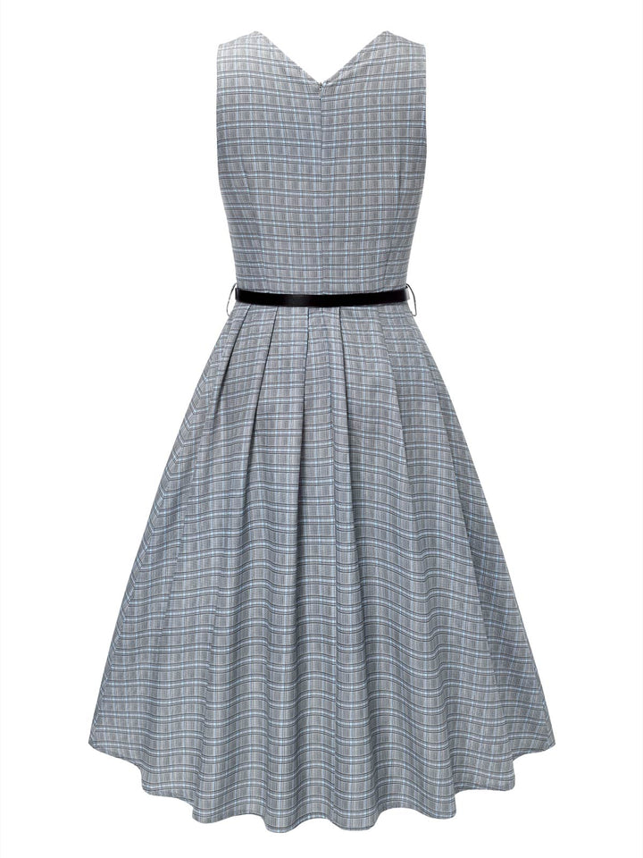 2PCS Grey 1940s V-Neck Plaid Dress &amp; Satin Blouse — a 1940s silhouette that turns sidewalks into runways