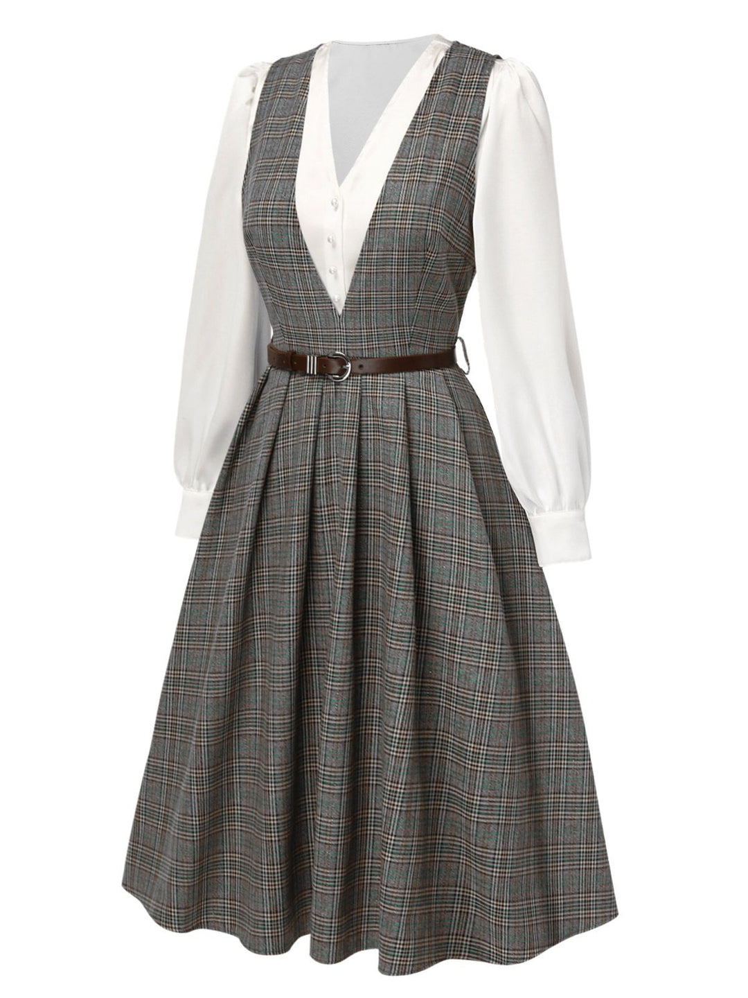 This 2PCS Grey 1940s V-Neck Plaid Dress &amp; Satin Blouse wraps her in 1940s elegance, one twirl at a time