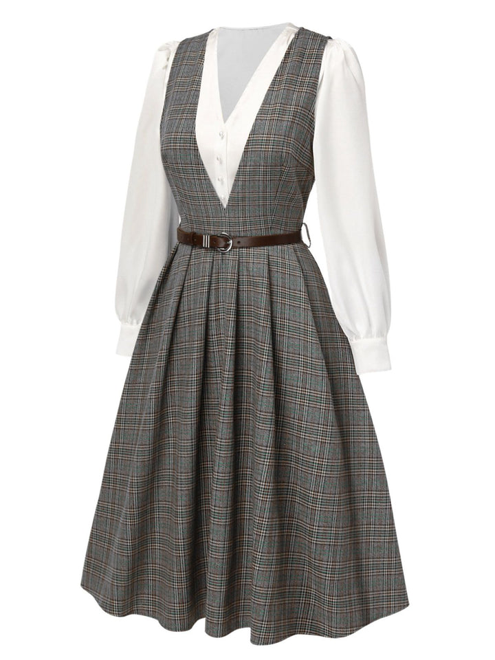 This 2PCS Grey 1940s V-Neck Plaid Dress &amp; Satin Blouse wraps her in 1940s elegance, one twirl at a time