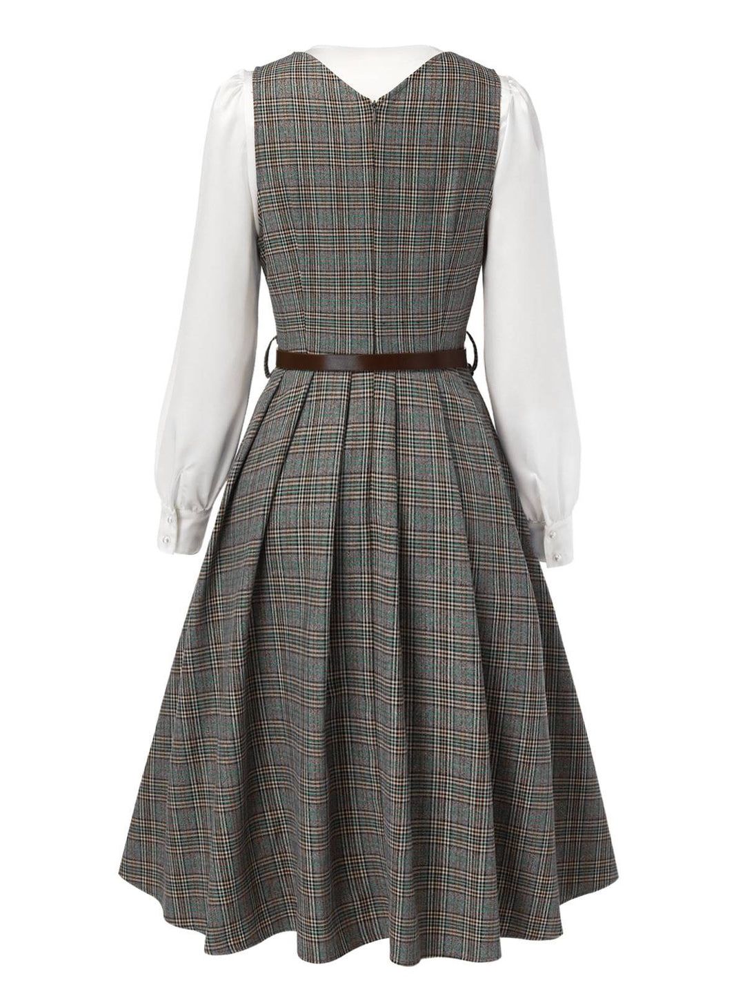 2PCS Grey 1940s V-Neck Plaid Dress &amp; Satin Blouse — the kind of 1940s dress that makes strangers smile