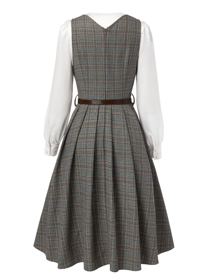 2PCS Grey 1940s V-Neck Plaid Dress &amp; Satin Blouse — the kind of 1940s dress that makes strangers smile