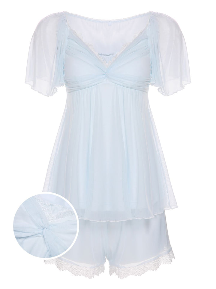 2PCS Light Blue Knot Lace Sleepwear, vintage fashion, retro style - perfect for women who love vintage and retro fashion