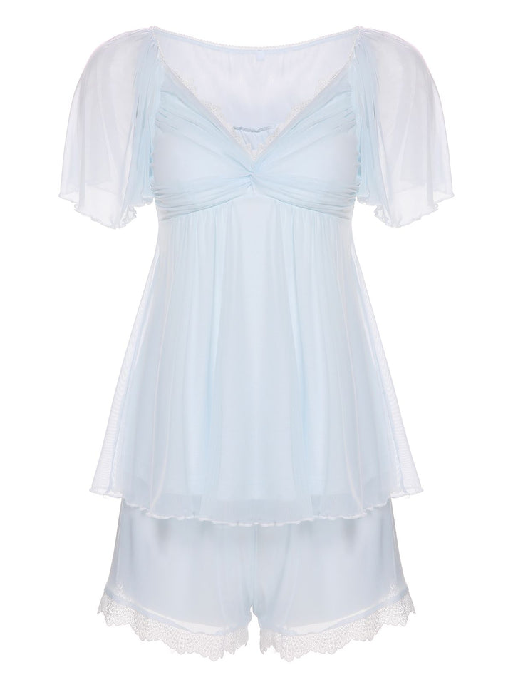 2PCS Light Blue Knot Lace Sleepwear, vintage fashion, retro style - perfect for women who love vintage and retro fashion