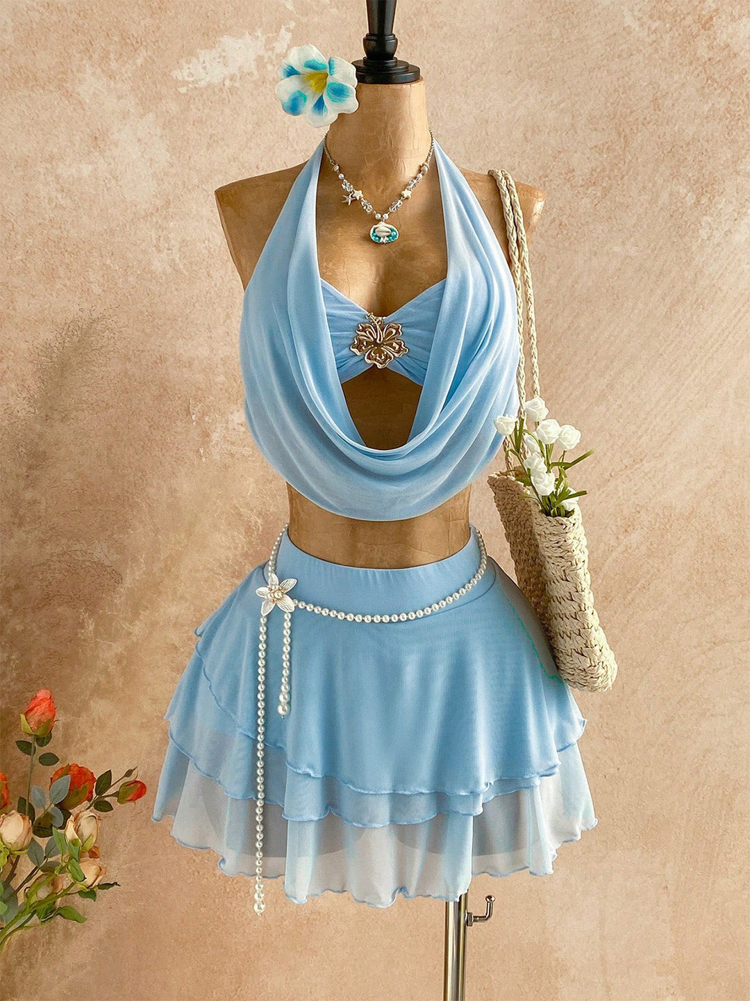 Light Blue Halter Backless Layered Skirt 2PCS, vintage skirt, retro style - perfect for women who love vintage and retro fashion
