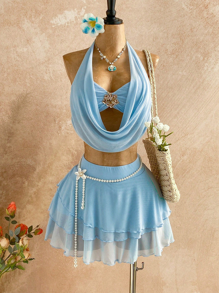 Light Blue Halter Backless Layered Skirt 2PCS, vintage skirt, retro style - perfect for women who love vintage and retro fashion