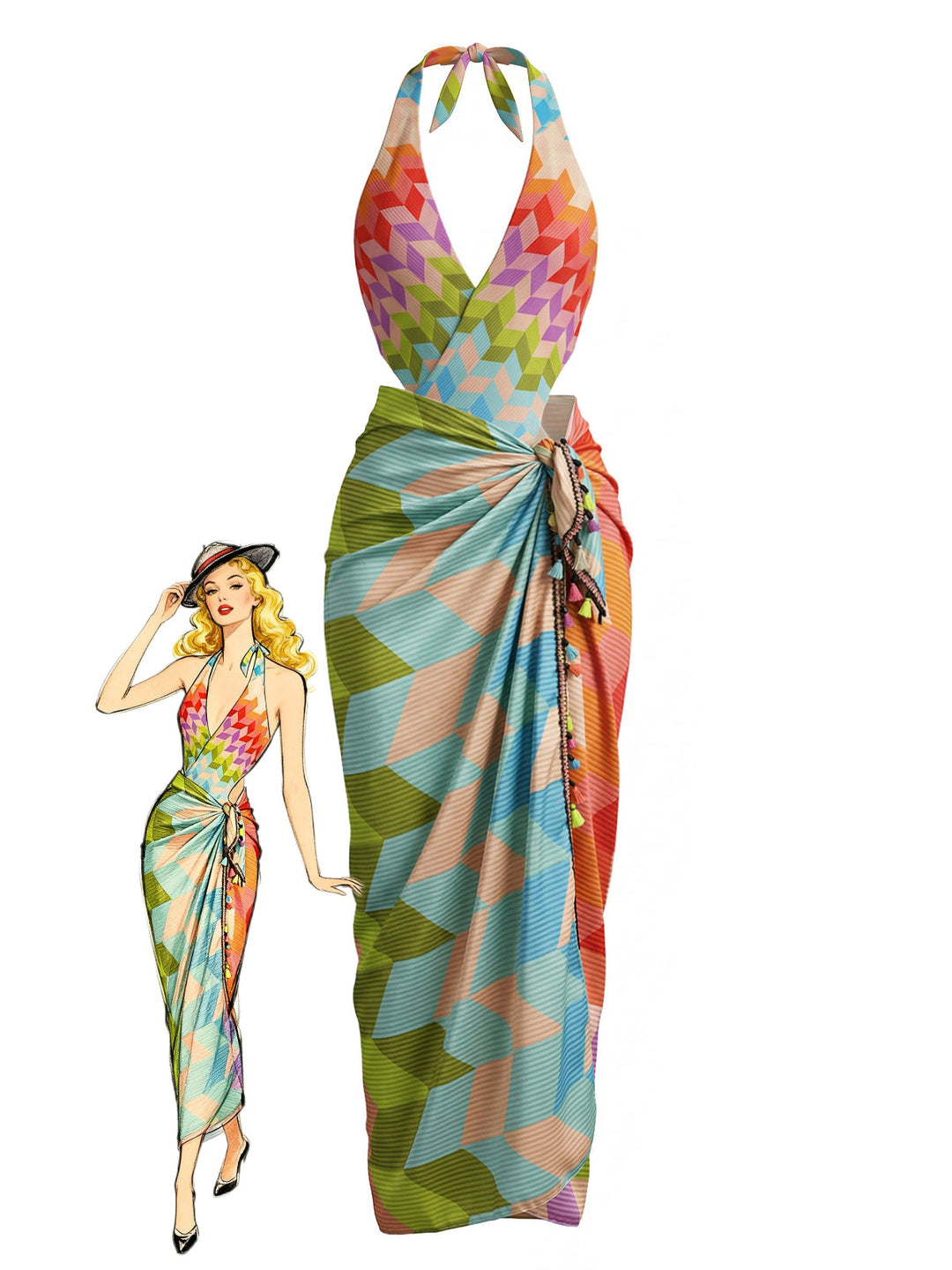 2PCS-Multicolor--Geometric-Halter-Boho-Swimsuit-Cover-Up, vintage, retro, swimwear