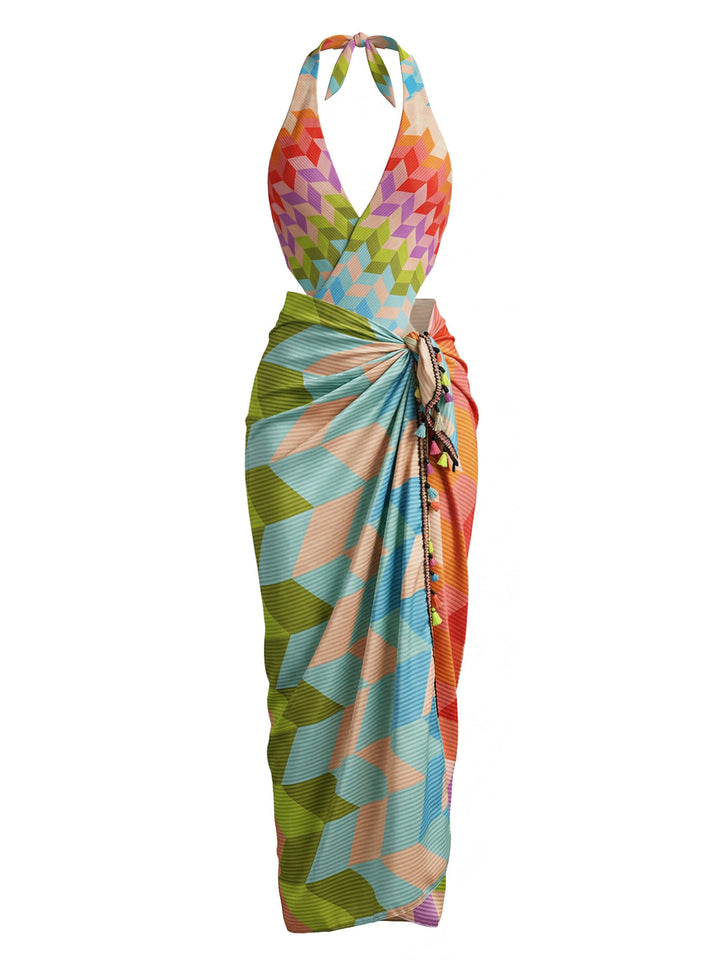 2PCS-Multicolor--Geometric-Halter-Boho-Swimsuit-Cover-Up, vintage, retro, swimwear