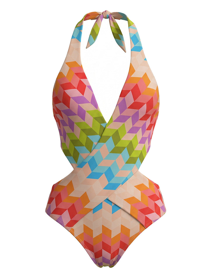 2PCS-Multicolor--Geometric-Halter-Boho-Swimsuit-Cover-Up, vintage, retro, swimwear