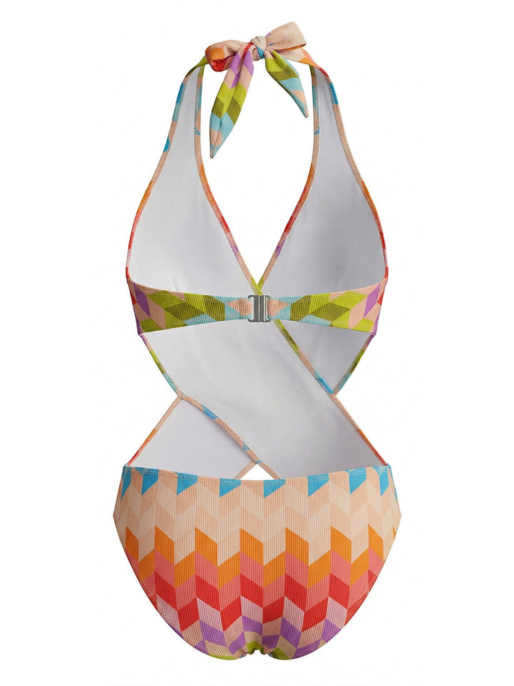 2PCS-Multicolor--Geometric-Halter-Boho-Swimsuit-Cover-Up, vintage, retro, swimwear