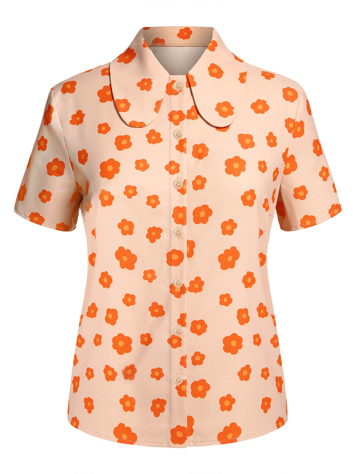 2PCS Orange 1960s Floral Shirt &amp; Skirt: timeless style reimagined