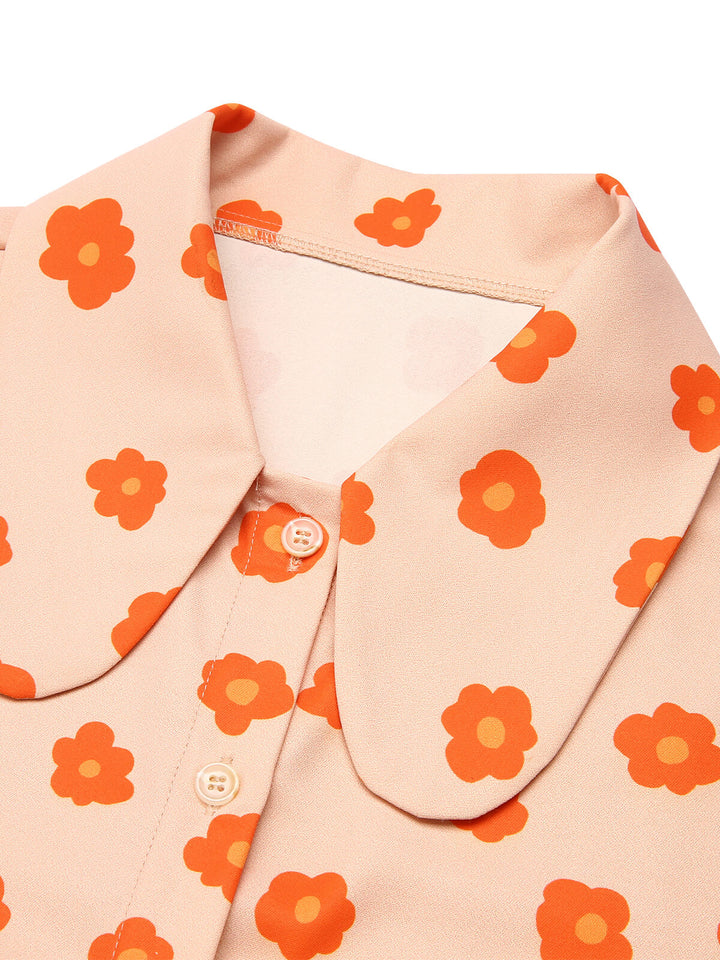 2PCS Orange 1960s Floral Shirt &amp; Skirt — vintage elegance for the modern woman