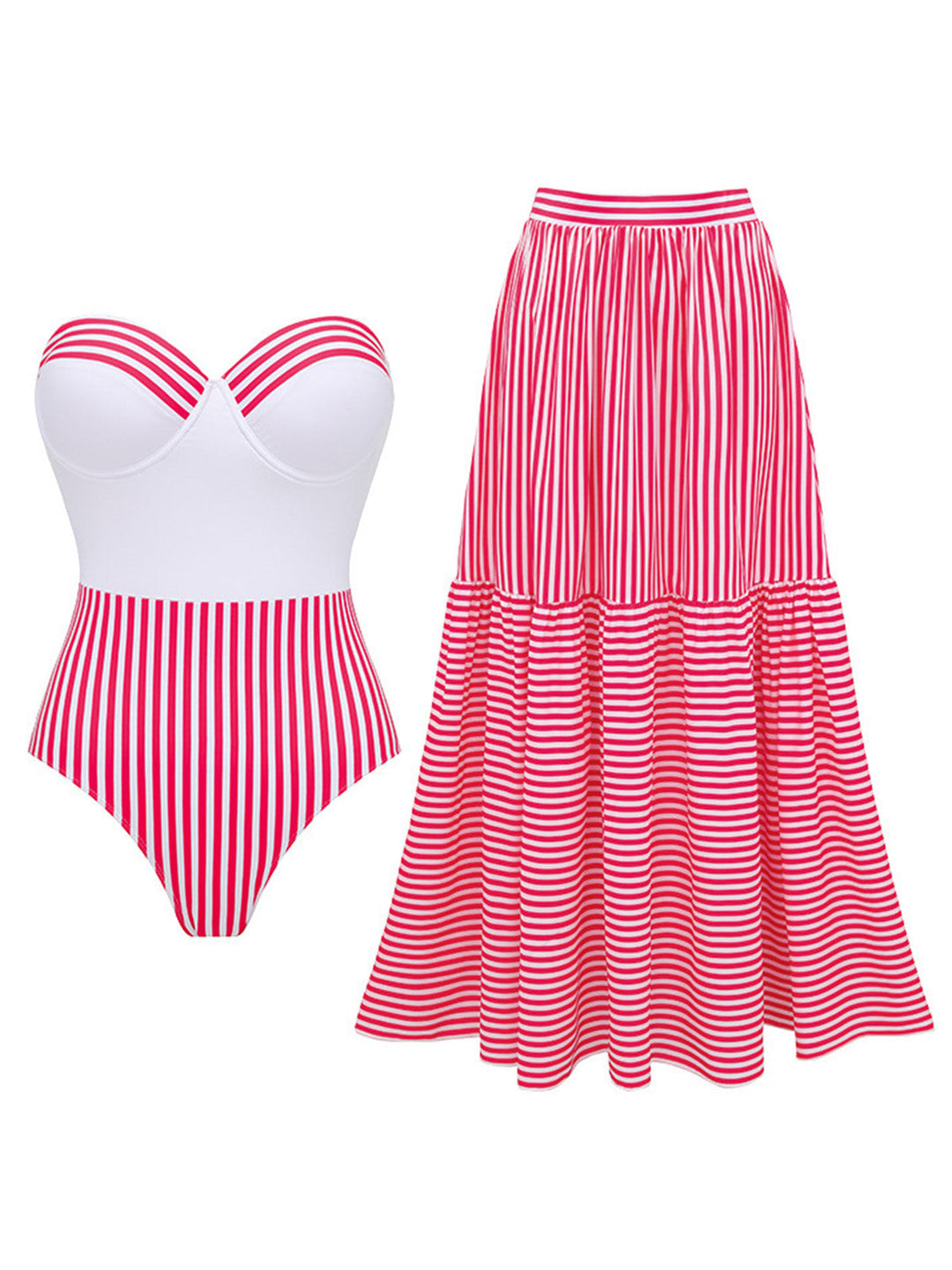 2PCS Pink Striped Strapless One-Piece Swimsuit &amp; Cover-Up - vintage swimsuit, swimwear for vintage lovers