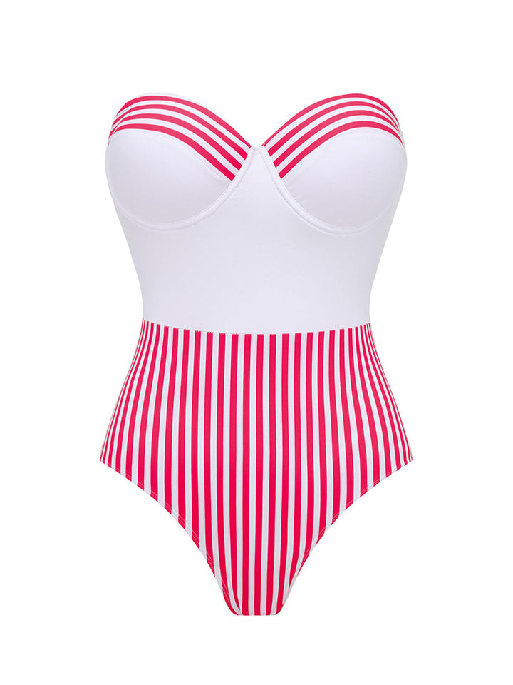 2PCS Pink Striped Strapless One-Piece Swimsuit &amp; Cover-Up - vintage swimsuit, swimwear for vintage lovers