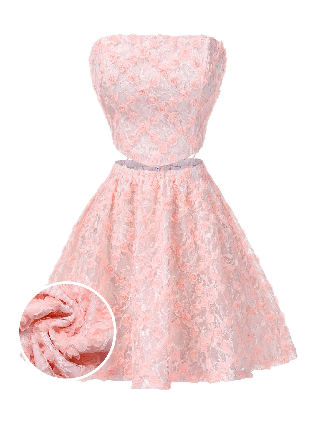 She pairs this 2PCS Pink 1950s 3D-Roses Lace-Up Bandeau Top &amp; Skirt with confidence and 1950s charm