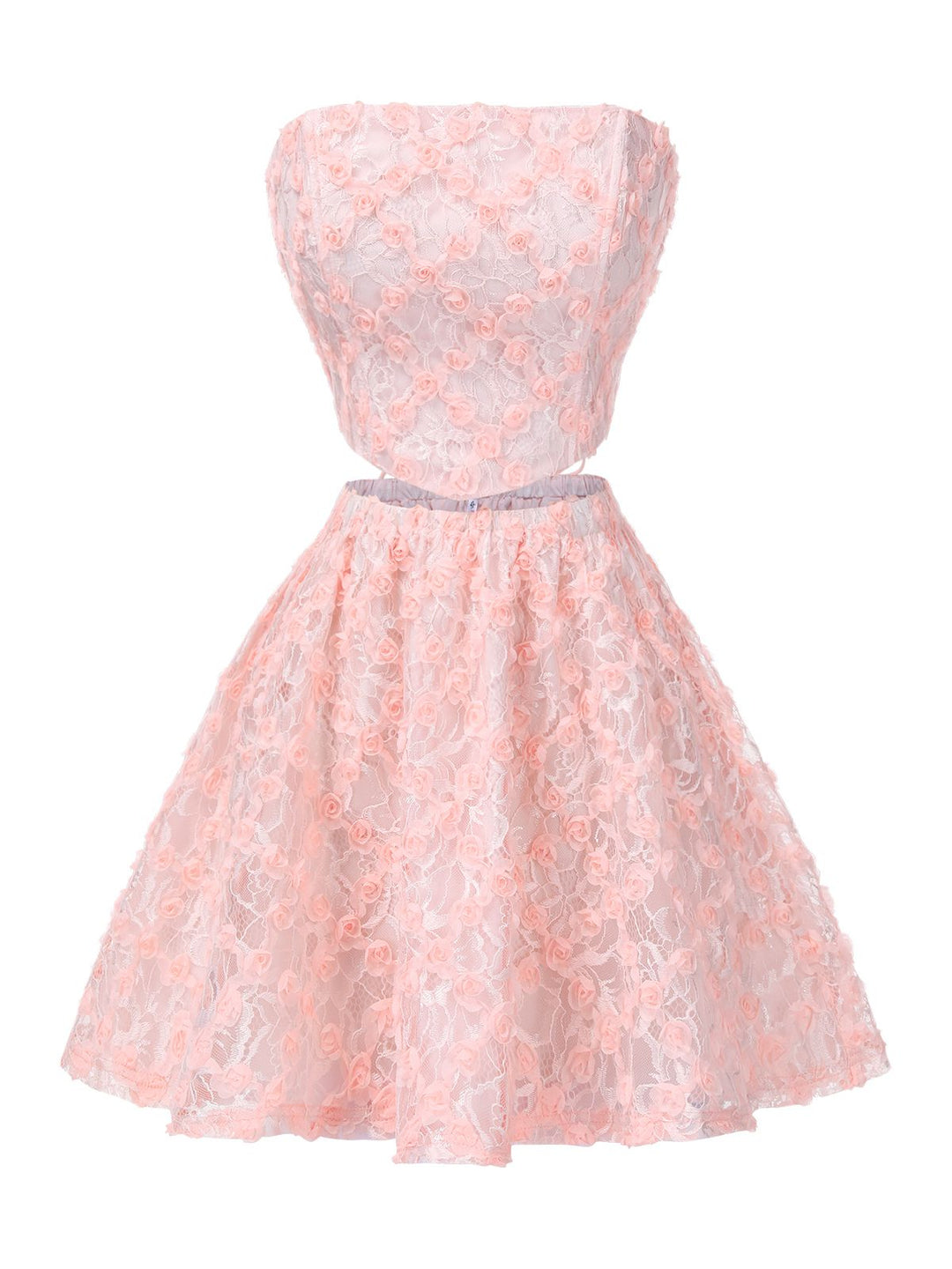 2PCS Pink 1950s 3D-Roses Lace-Up Bandeau Top &amp; Skirt, vintage skirt, retro style - perfect for women who love vintage and retro fashion