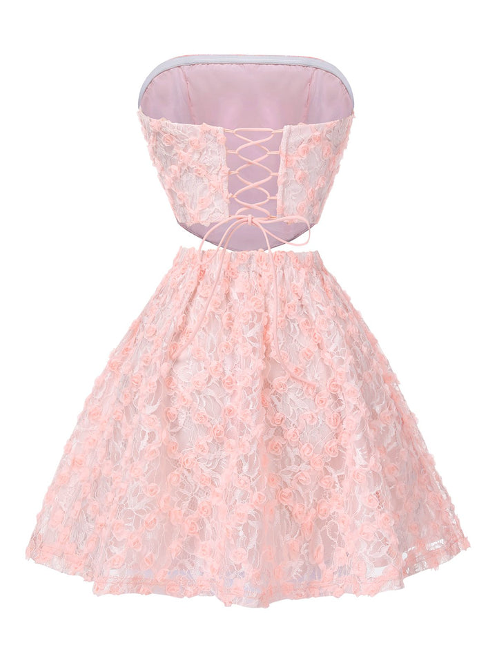 2PCS Pink 1950s 3D-Roses Lace-Up Bandeau Top &amp; Skirt, vintage skirt, retro style - perfect for women who love vintage and retro fashion