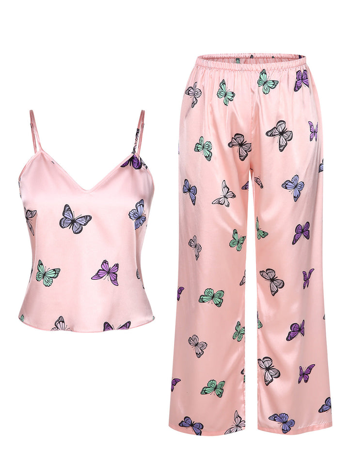 2PCS Pink Butterfly Suspender V-Neck Sleepwear, vintage fashion, retro style - perfect for women who love vintage and retro fashion