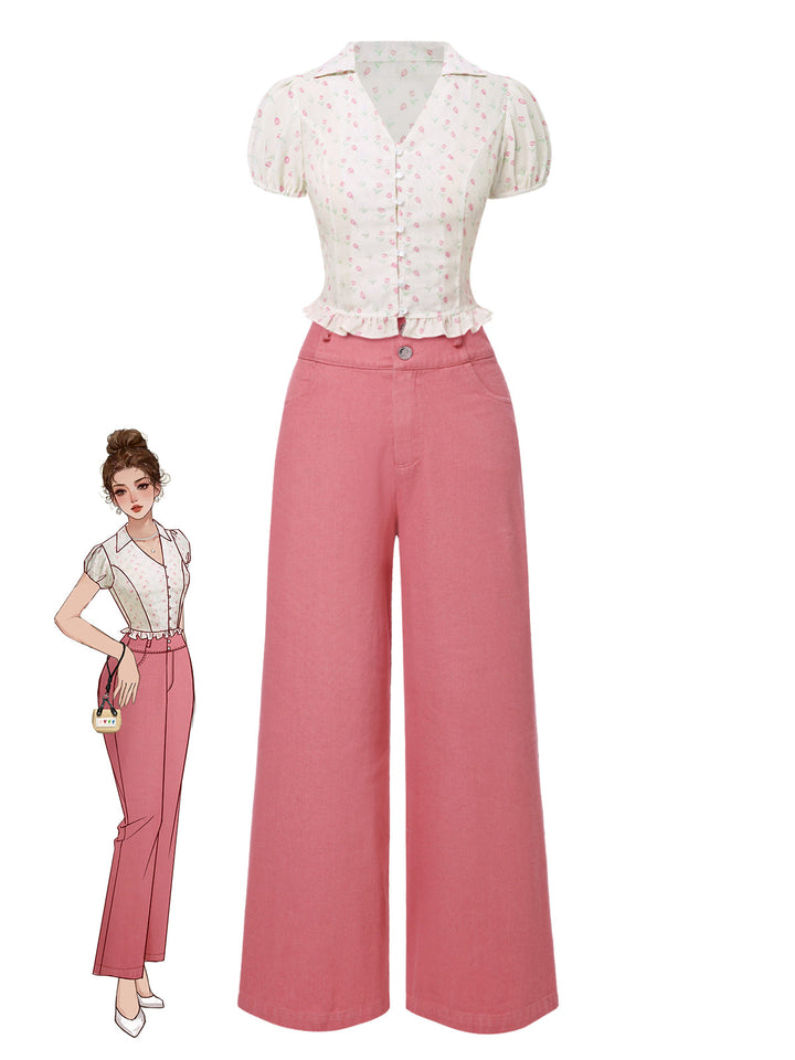2PCS Pink 1950s Tulip Blouse &amp; Rose Button Pants - vintage fashion, retro style
