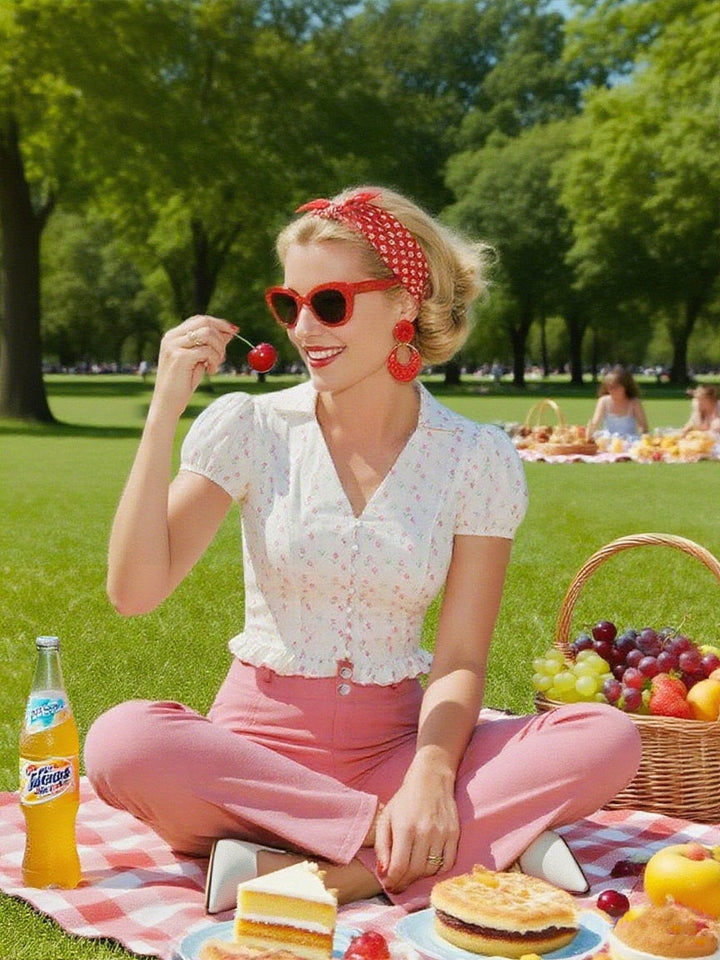 2PCS Pink 1950s Tulip Blouse &amp; Rose Button Pants - vintage fashion, retro style