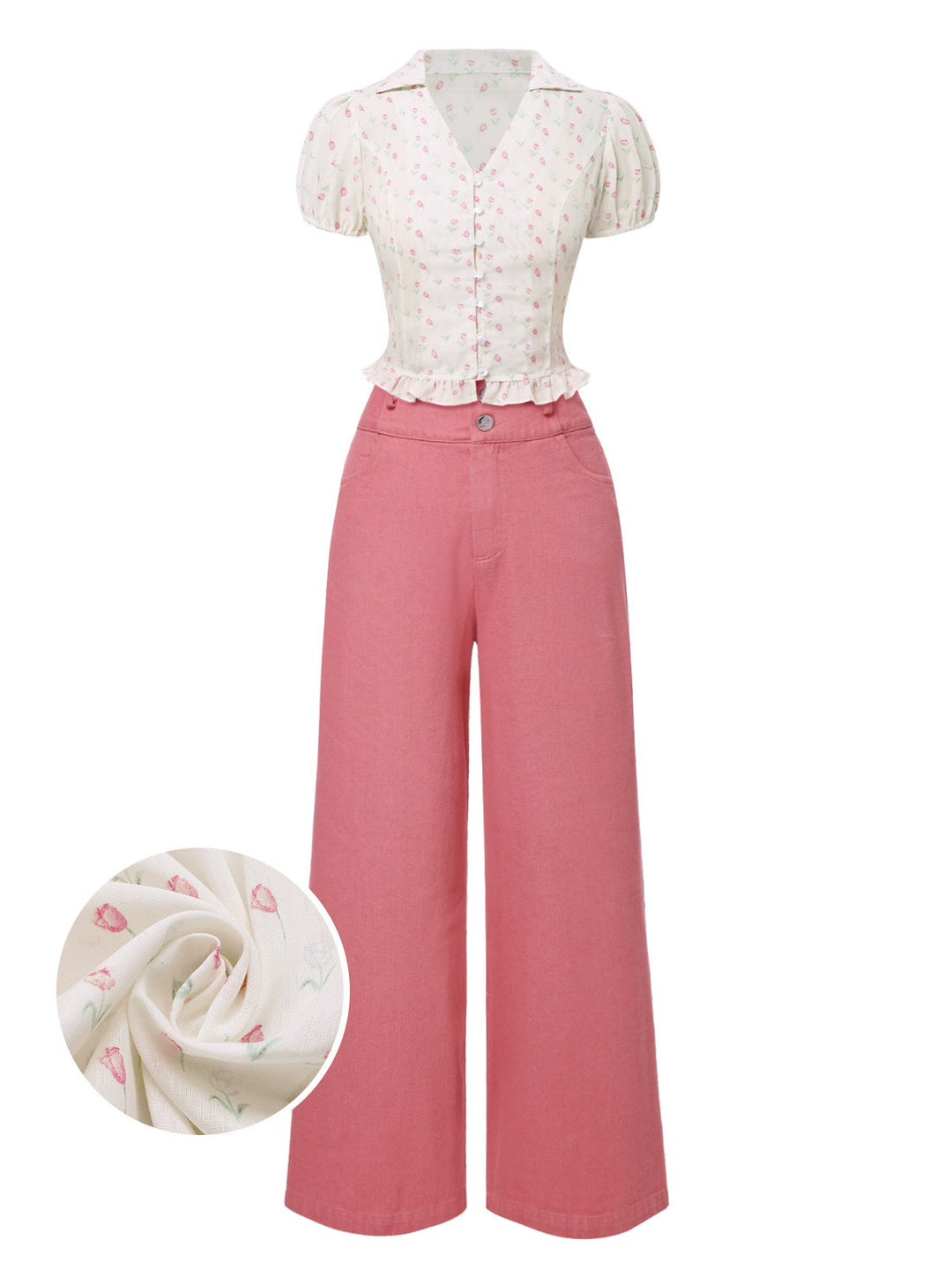 2PCS Pink 1950s Tulip Blouse &amp; Rose Button Pants - vintage fashion, retro style