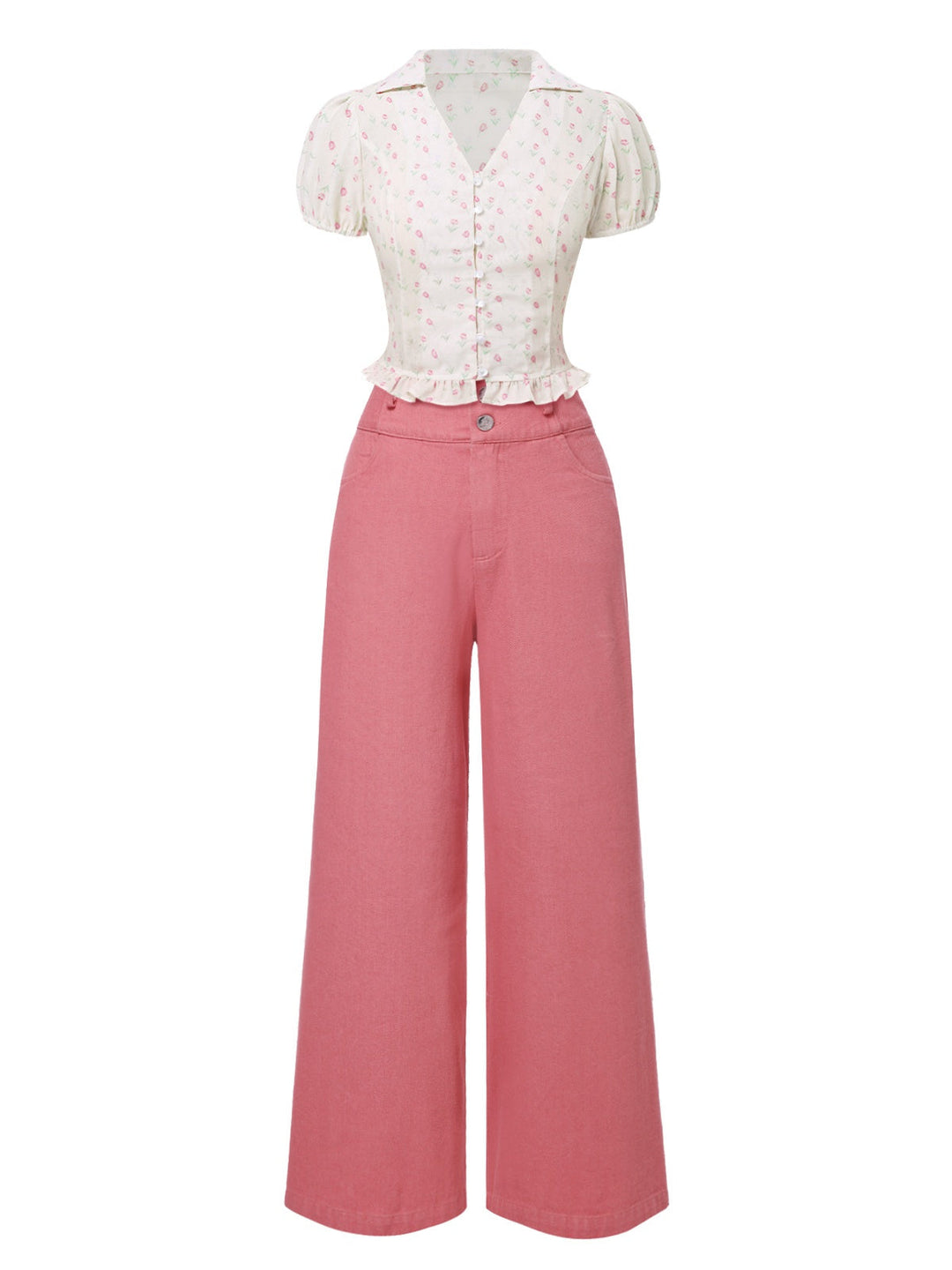 2PCS Pink 1950s Tulip Blouse &amp; Rose Button Pants - vintage fashion, retro style