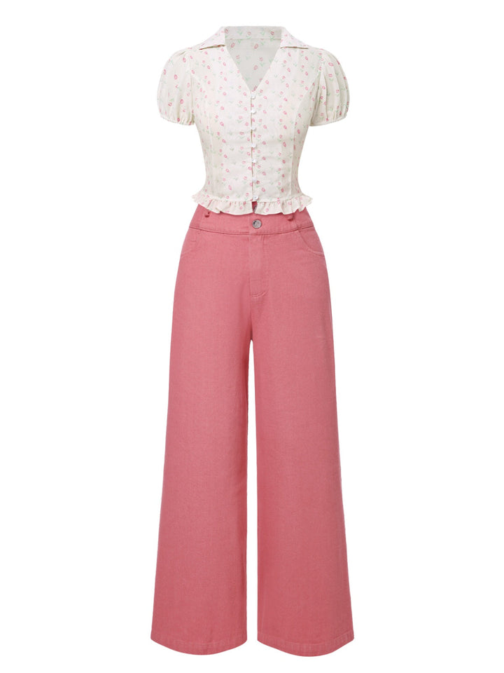 2PCS Pink 1950s Tulip Blouse &amp; Rose Button Pants - vintage fashion, retro style