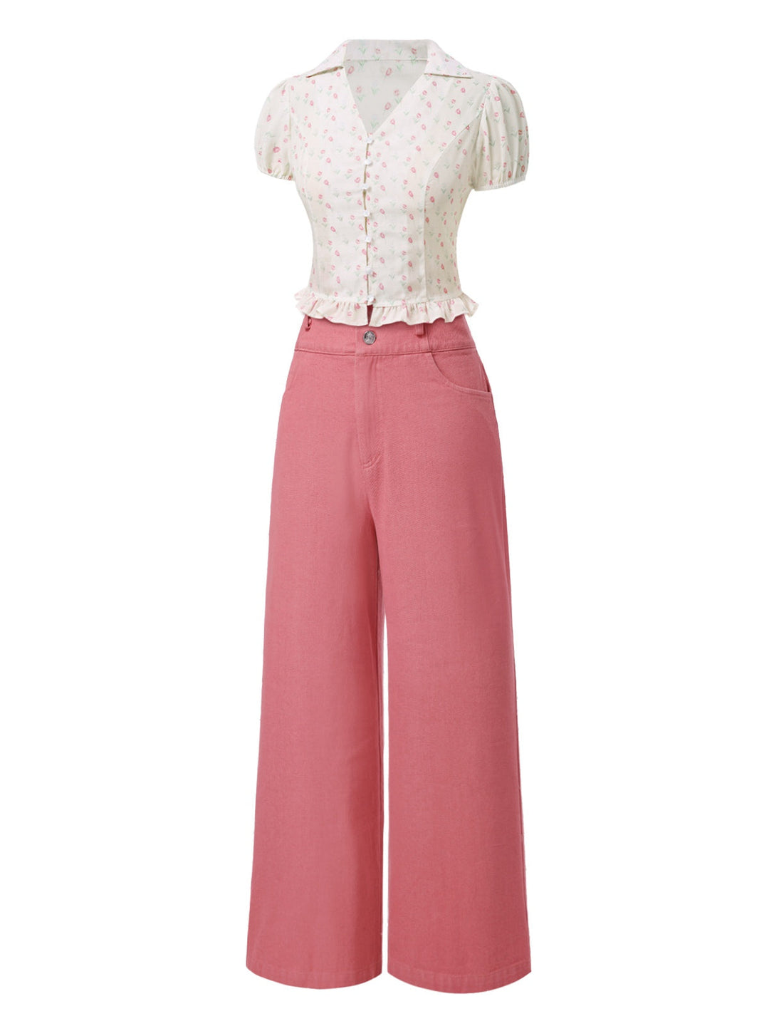 2PCS Pink 1950s Tulip Blouse &amp; Rose Button Pants - vintage fashion, retro style
