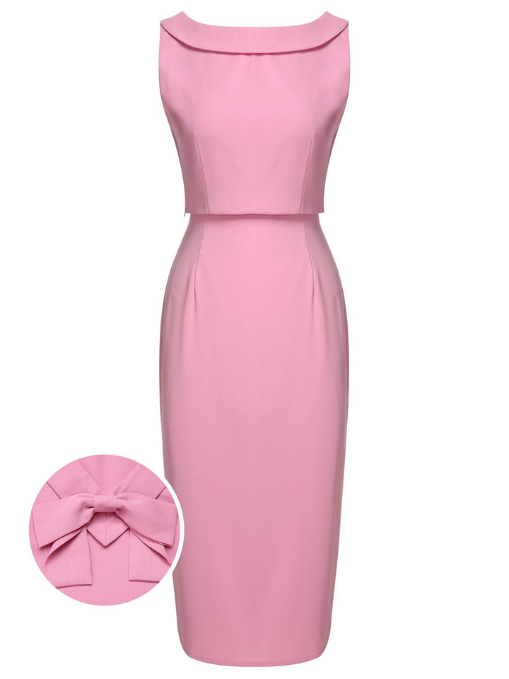 2PCS Pink 1960s Lapel Bowknot Blouse &amp; Solid Spaghetti Strap Dress, vintage dress, retro fashion - perfect for women who love vintage and retro fashion
