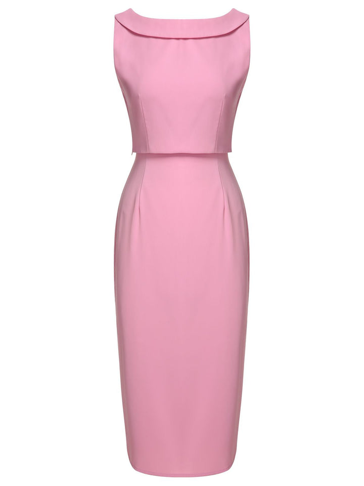 2PCS Pink 1960s Lapel Bowknot Blouse &amp; Solid Spaghetti Strap Dress, vintage dress, retro fashion - perfect for women who love vintage and retro fashion