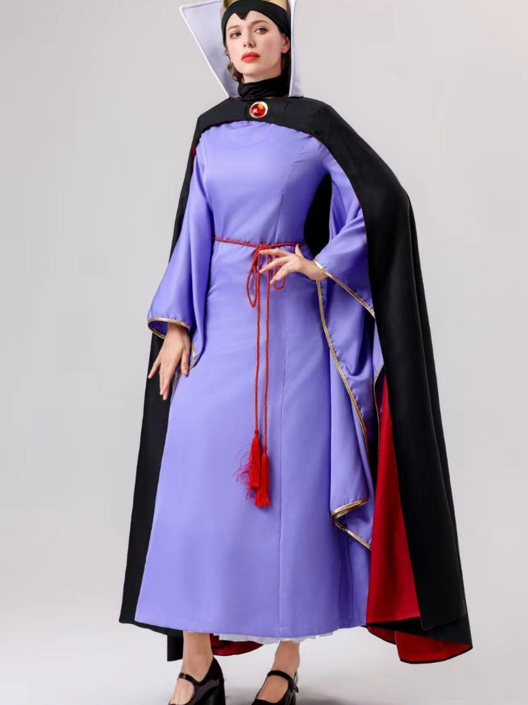 She slips into this 2PCS Purple 1940s Evil Queen Dress &amp; Long Cloak and suddenly it&