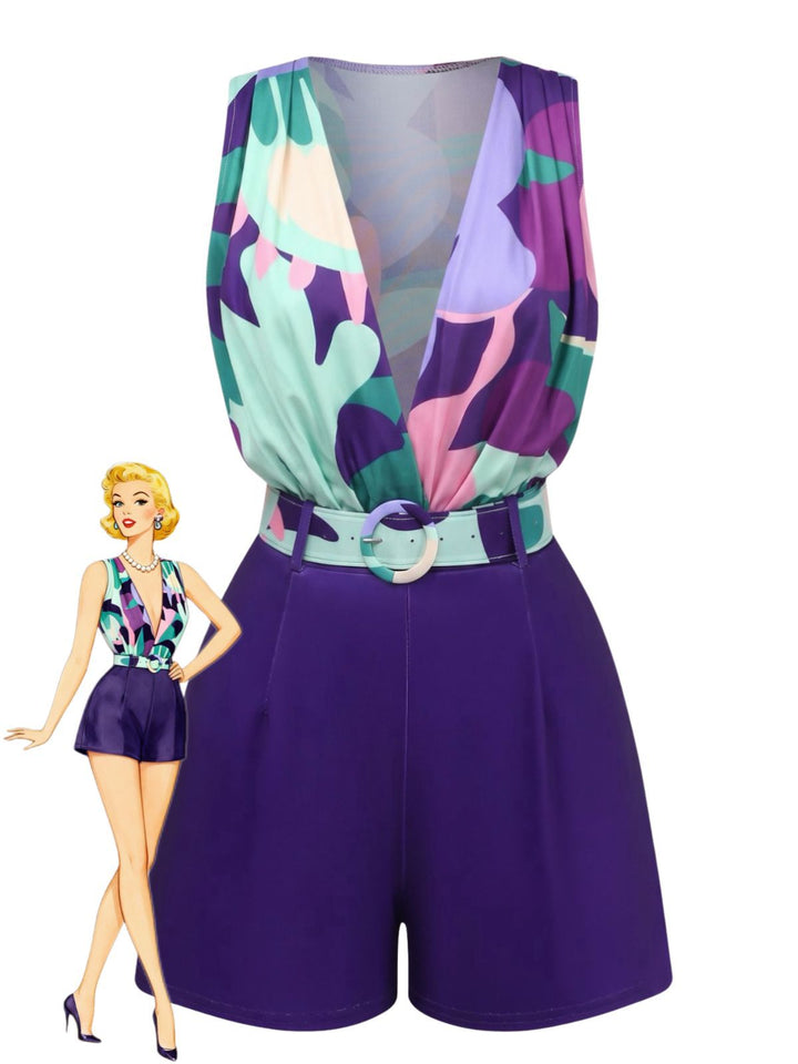 2PCS Purple 1970s Geometric Print Vest &amp; Shorts, vintage fashion, retro style - perfect for women who love vintage and retro fashion