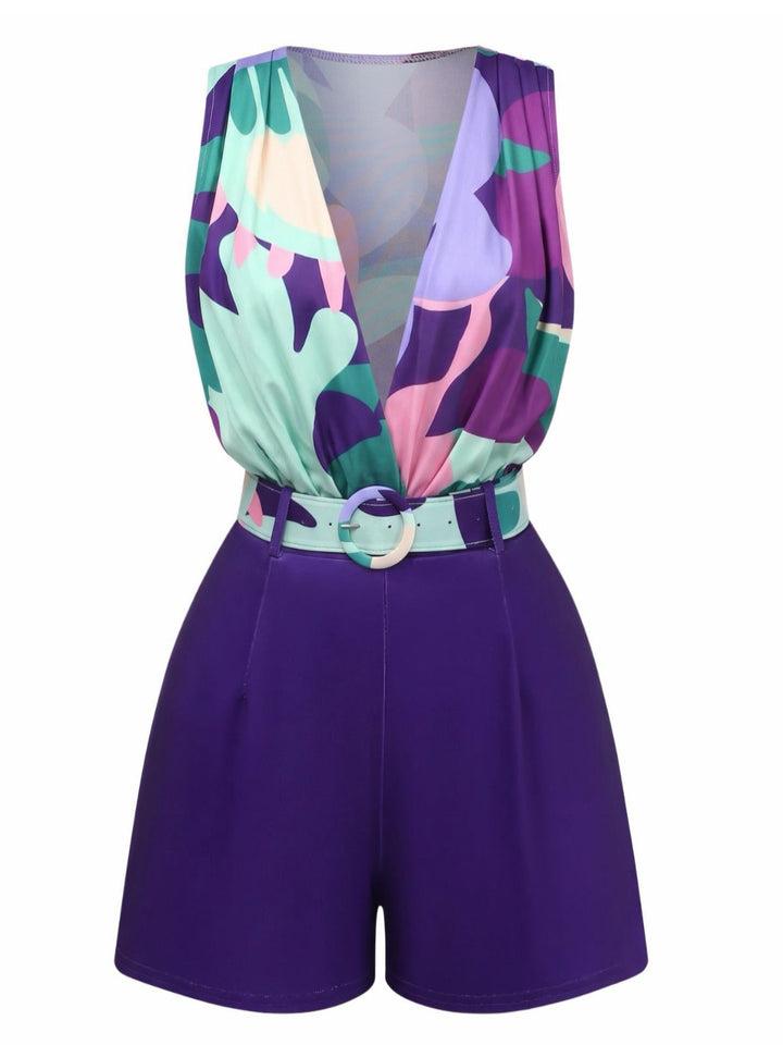 2PCS Purple 1970s Geometric Print Vest &amp; Shorts, vintage fashion, retro style - perfect for women who love vintage and retro fashion