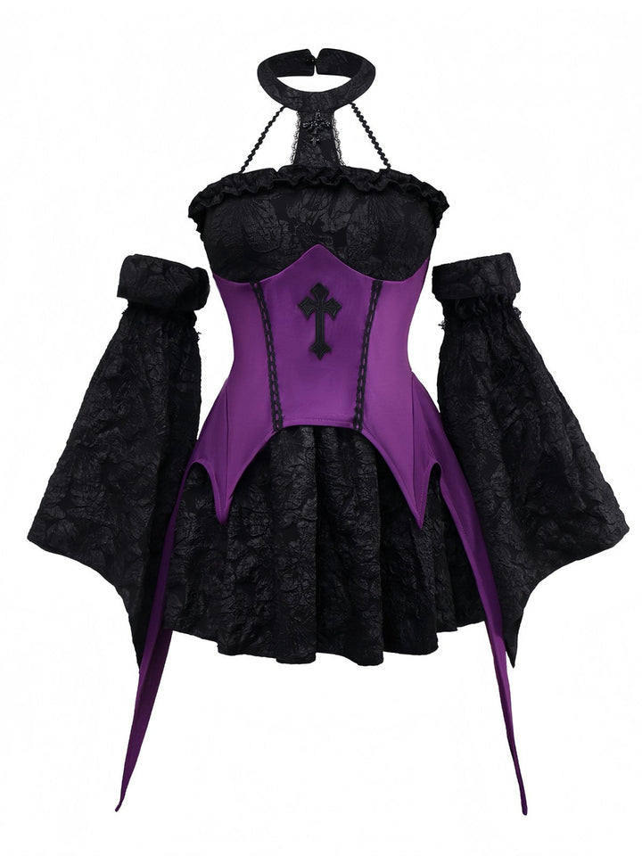2PCS Purple 1980s Gothic Cross Witch Top &amp; Skirt - vintage skirt, retro style