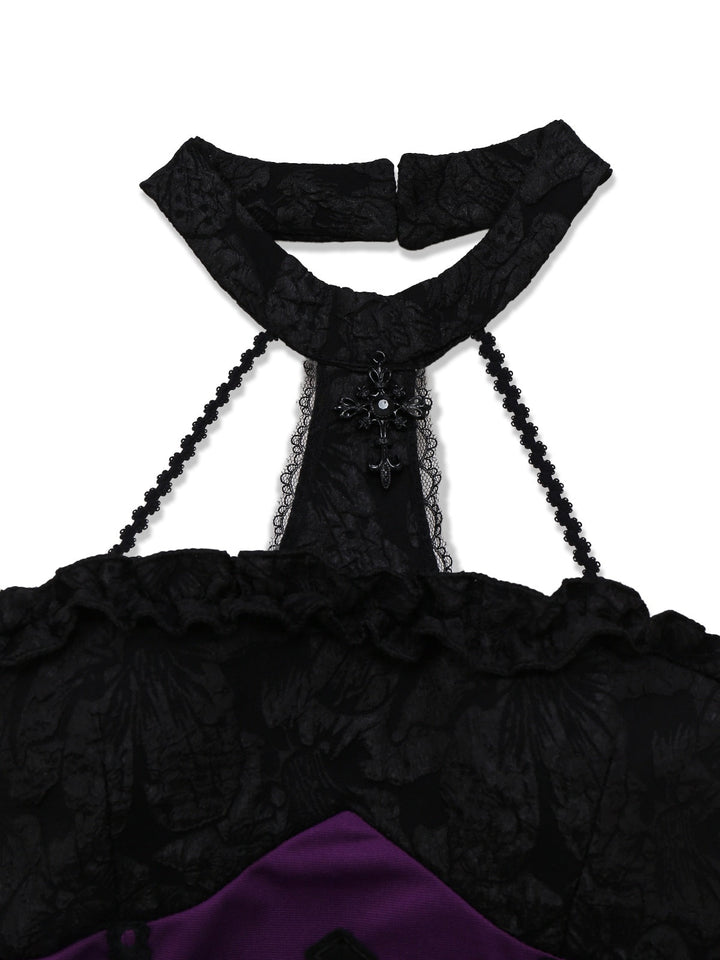 2PCS Purple 1980s Gothic Cross Witch Top &amp; Skirt - vintage skirt, retro style