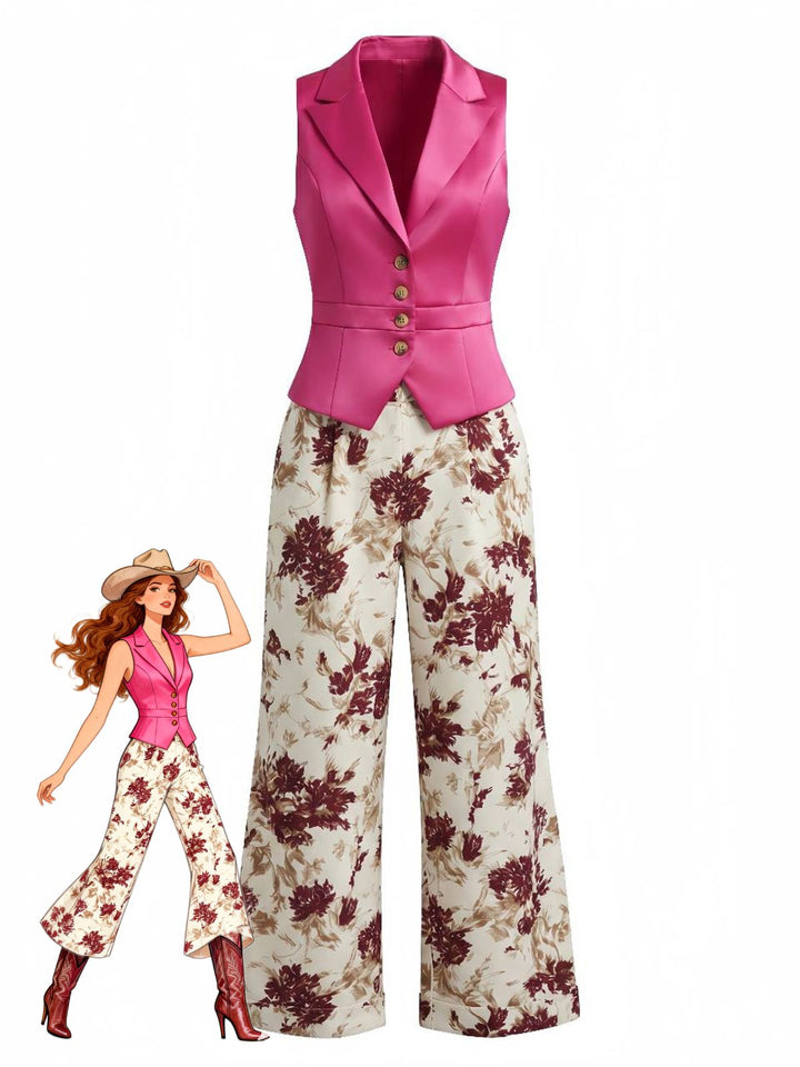 2PCS Purplish Red 1950s Lapel Button Vest &amp; Floral Pants, vintage fashion, retro style - perfect for women who love vintage and retro fashion